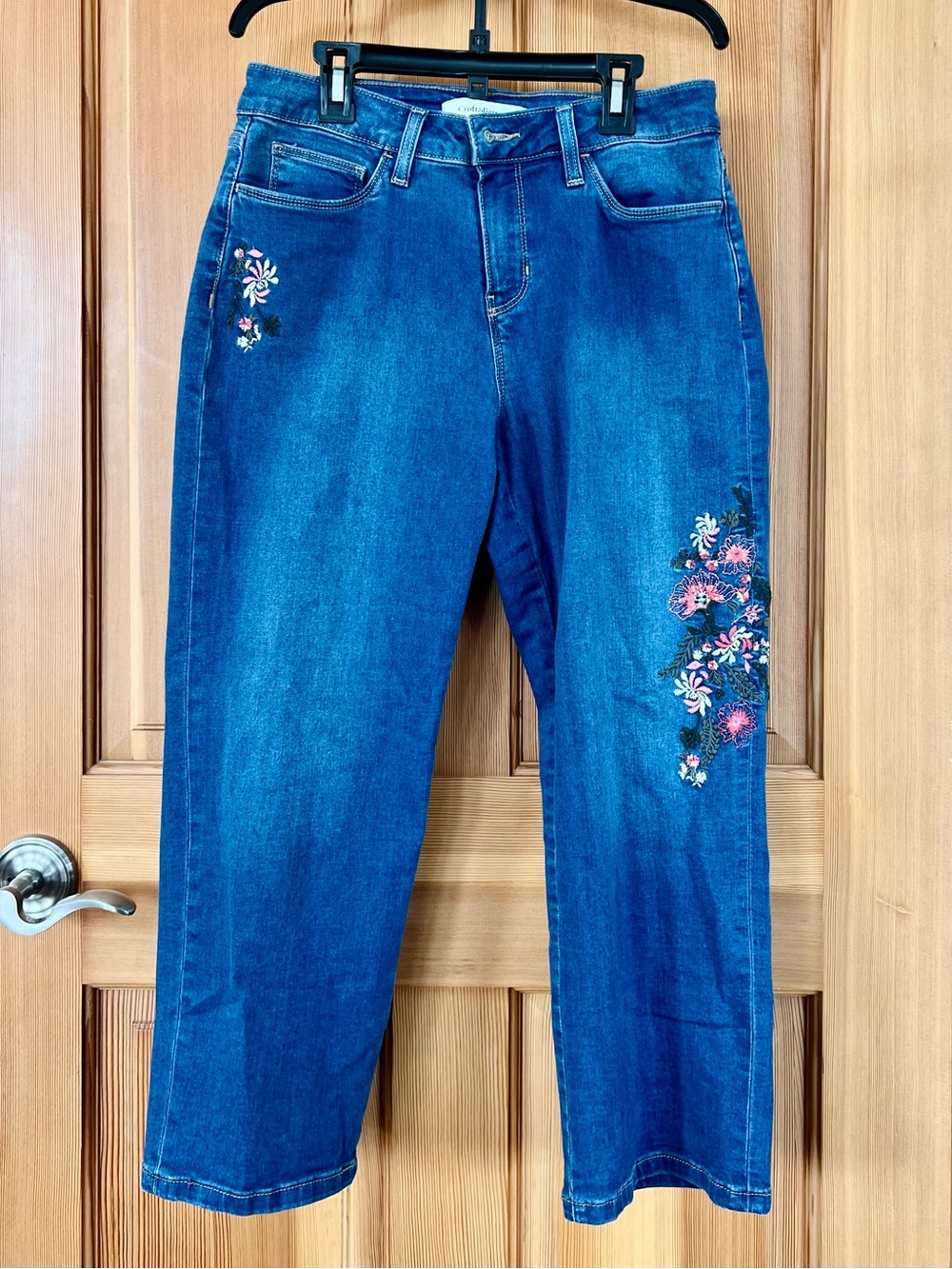Croft & Barrow Blue Straight-Leg Jeans with Pink Floral Embroidery